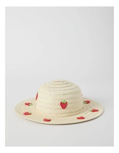 Wide Brim Straw Hat with Strawberry Embroidery