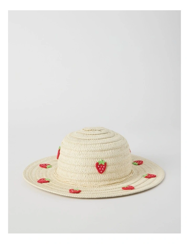 Wide Brim Straw Hat with Strawberry Embroidery image 1