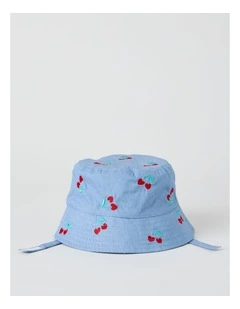 Bucket Hat with Cherry Embroidery in Denim