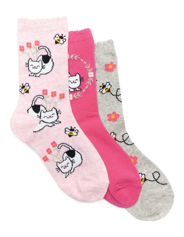 Patterned Crew Socks 3 Pack in Pink/Grey image 1