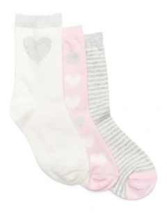 Patterned Crew Socks 3 Pack in Pale Pink/Grey