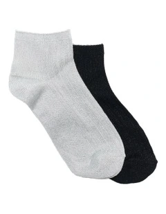 Metallic Rib Quarter Crew Socks 2 Pack in Grey/Black