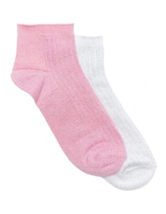 Metallic Rib Quarter Crew Socks 2 Pack in Pink/White