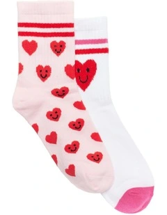 Patterned 3 Quarter Crew Rib Socks 2 Pack in Pink/White
