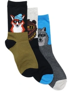 Patterned Crew Socks 3 Pack in Khaki/Black