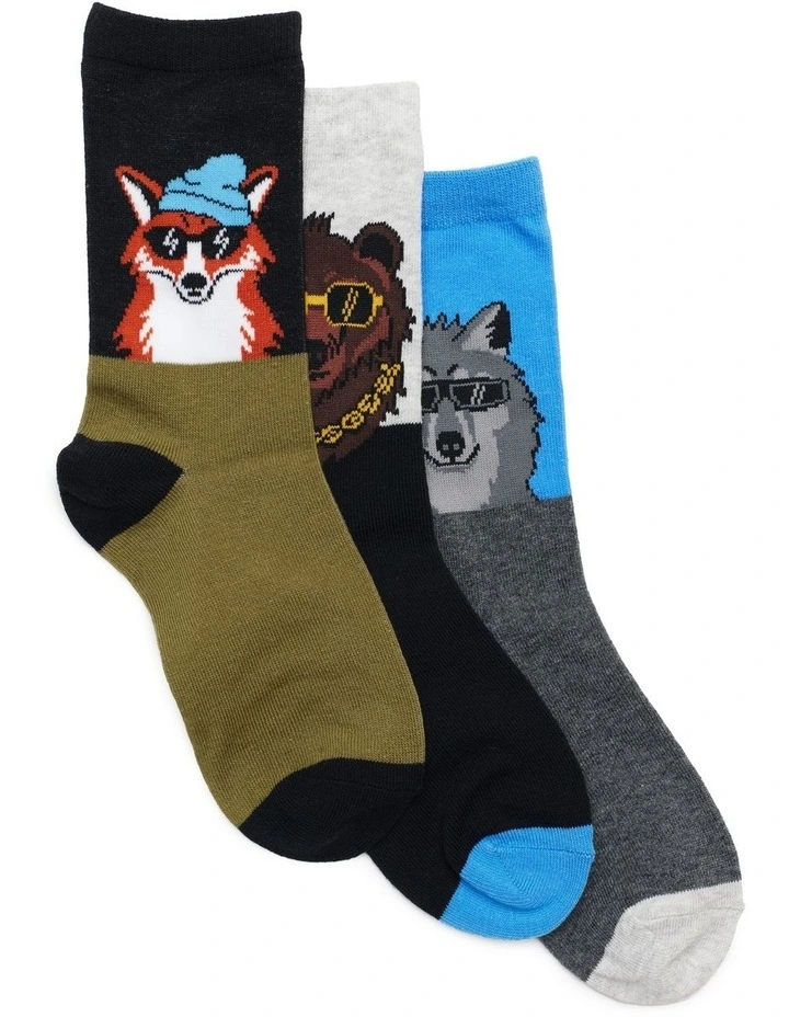 Patterned Crew Socks 3 Pack in Khaki/Black image 1