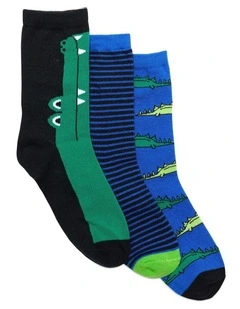 Patterned Crew Socks 3 Pack in Black