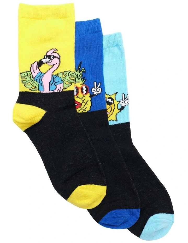 Patterned Crew Socks 3 Pack in Yellow/Blue image 1