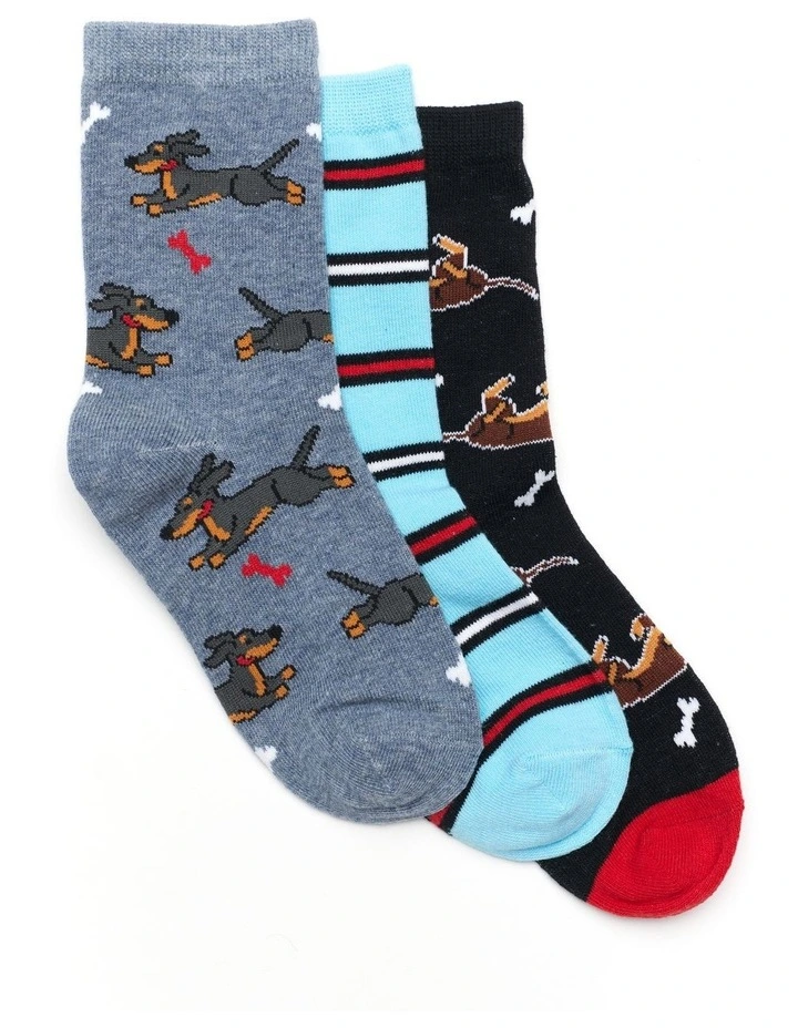 Patterned Crew Socks 3 Pack in Denim/Black image 1