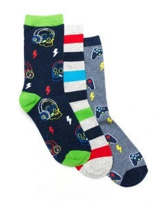 Patterned Crew Socks 3 Pack in Navy/Denim