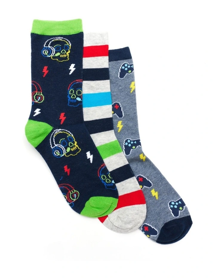 Patterned Crew Socks 3 Pack in Navy/Denim image 1