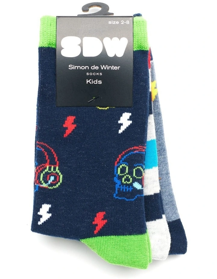 Patterned Crew Socks 3 Pack in Navy/Denim image 2