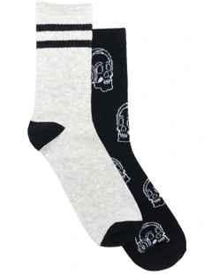 Patterned 3 Quarter Crew Rib Socks 2 Pack in Grey/Black