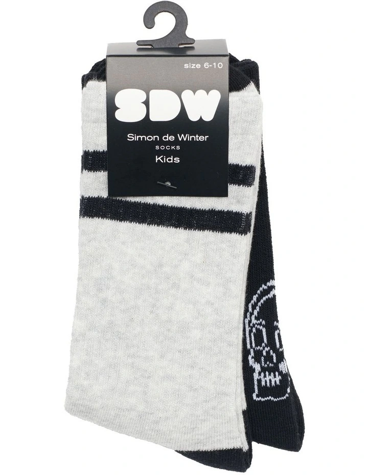 Patterned 3 Quarter Crew Rib Socks 2 Pack in Grey/Black image 2