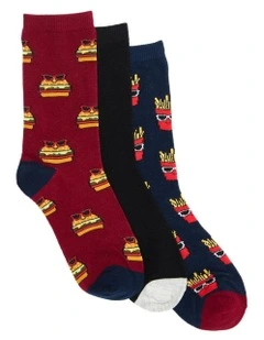 Kids Patterned Crew Socks 3 Pack in Burgandy/Navy