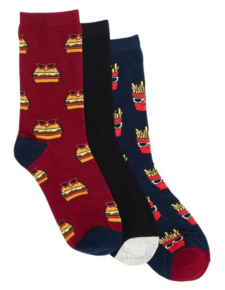 Kids Patterned Crew Socks 3 Pack in Burgandy/Navy image 1