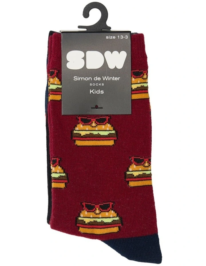Kids Patterned Crew Socks 3 Pack in Burgandy/Navy image 2