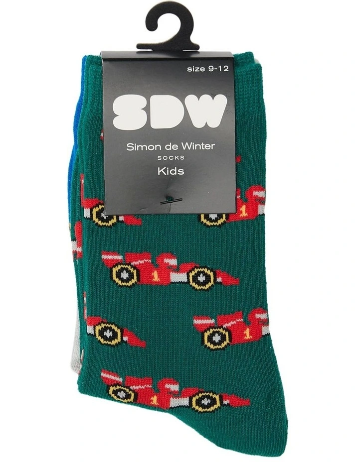 Kids Patterned Crew Socks 3 Pack in Green/Blue image 2