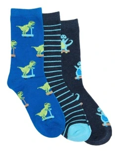 Kids Patterned Crew Socks 3 Pack in Navy/Blue