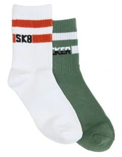 Kids 3Qtr Crew Rib Socks 2 Pack in White/Green