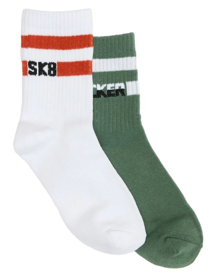 Kids 3Qtr Crew Rib Socks 2 Pack in White/Green image 1