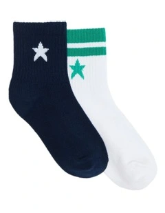 Kids 3Qtr Crew Rib Socks 2 Pack in Navy/White