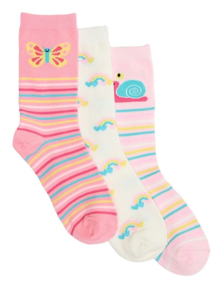 Kids Patterned Crew Socks 3 Pack in Pink/Ivory image 1