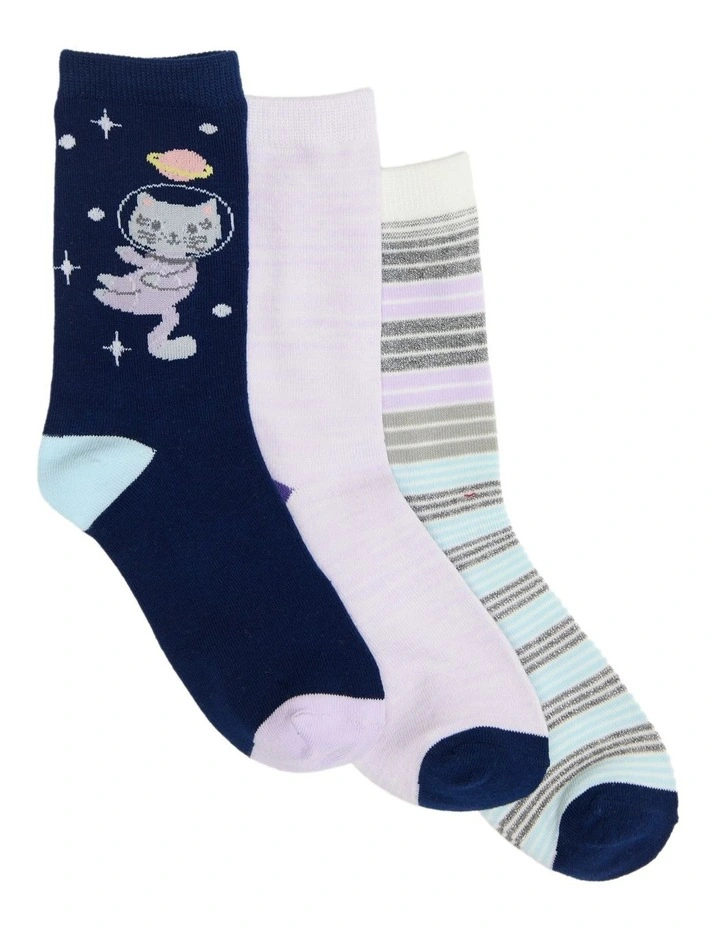Kids Patterned Crew Socks 3 Pack in Navy/Lilac image 1