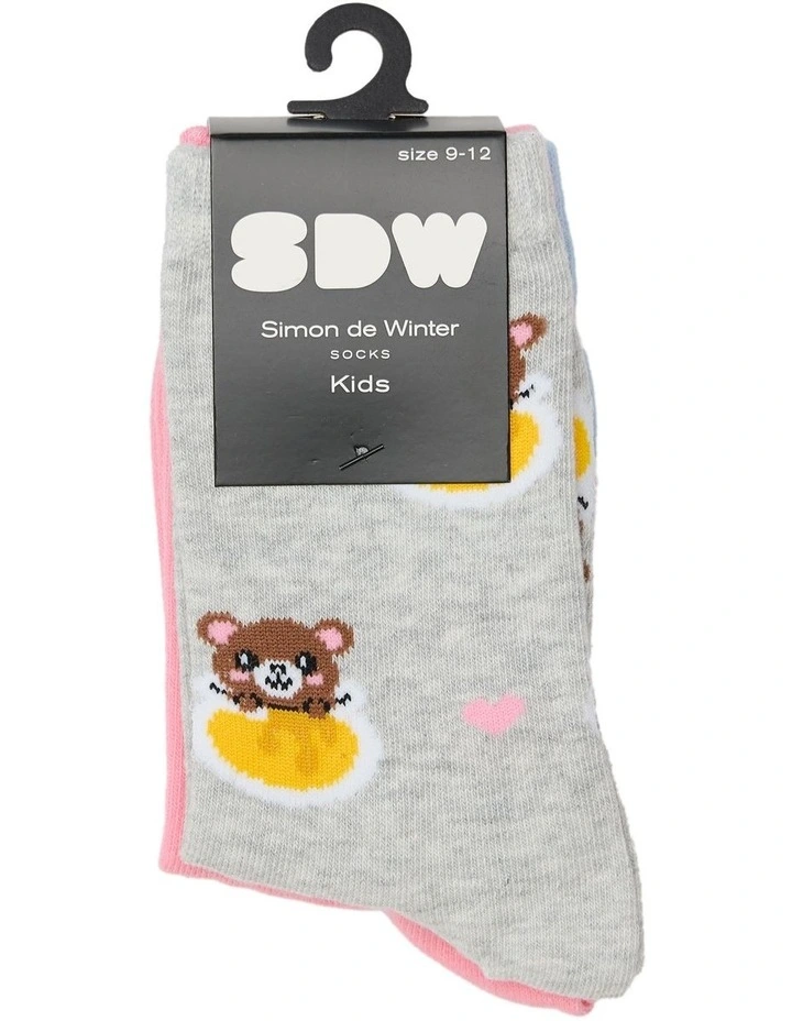 Kids Patterned Crew Socks 3 Pack in Grey/Pink/Blue image 2