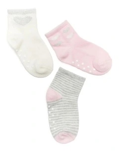 Infants Patterned Crew Socks 3 Pack in Pink/Grey