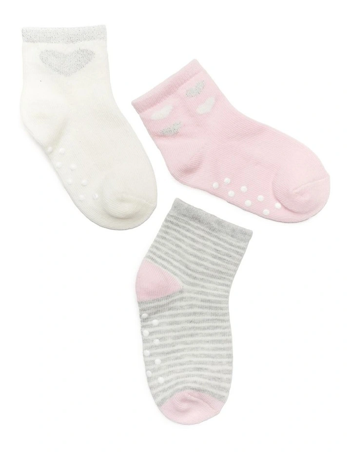 Infants Patterned Crew Socks 3 Pack in Pink/Grey image 1