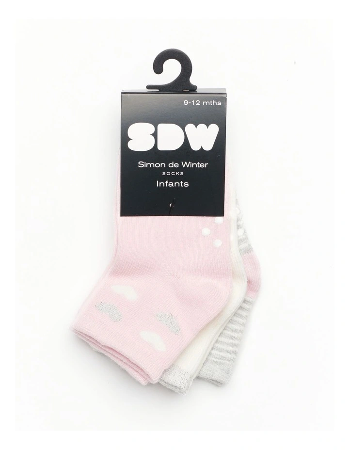 Infants Patterned Crew Socks 3 Pack in Pink/Grey image 2
