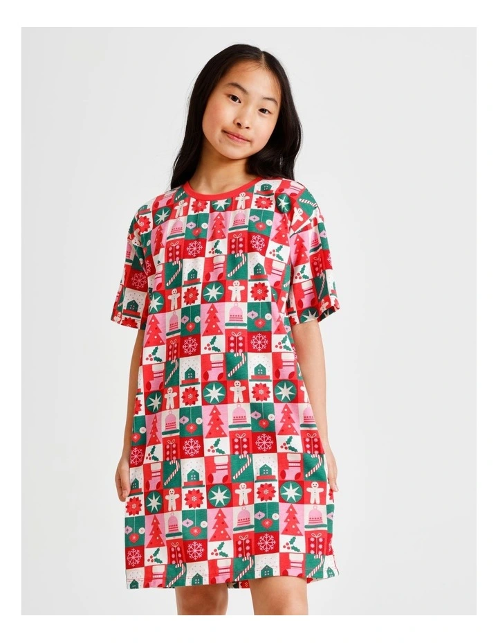 Xmas Wrapping Paper Family Matching Print Knit Nightie in Multi image 1