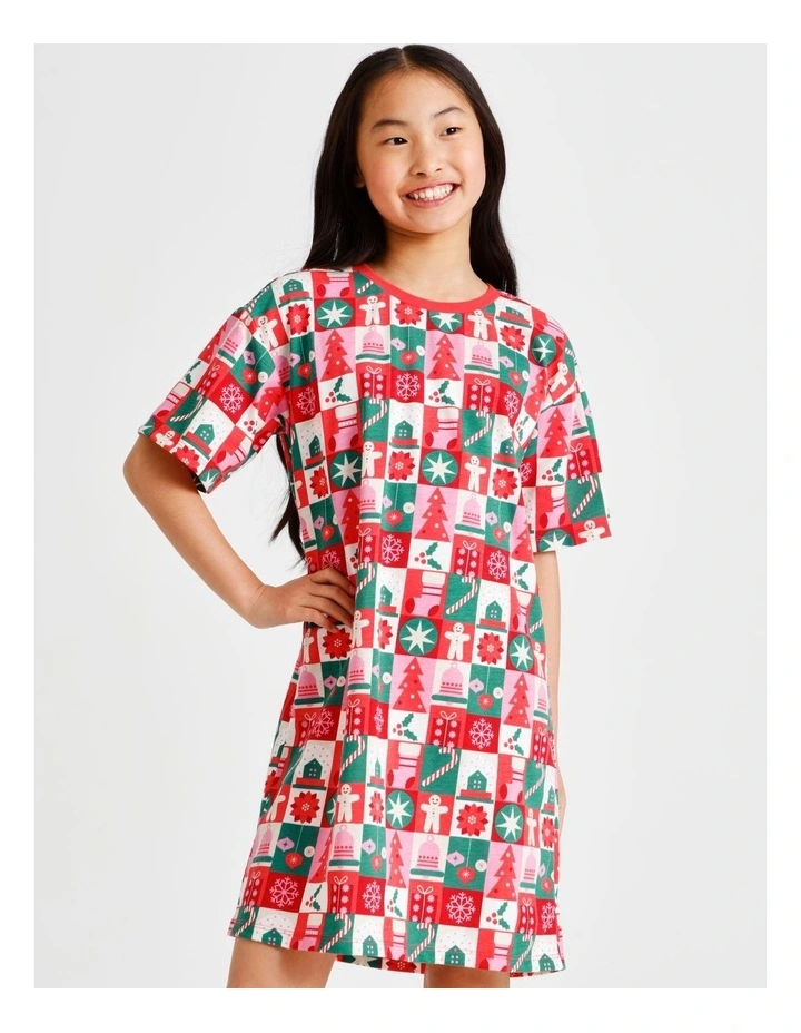 Xmas Wrapping Paper Family Matching Print Knit Nightie in Multi image 3