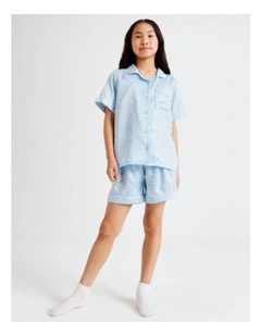Bow Print Satin Pyjamas in Light Blue