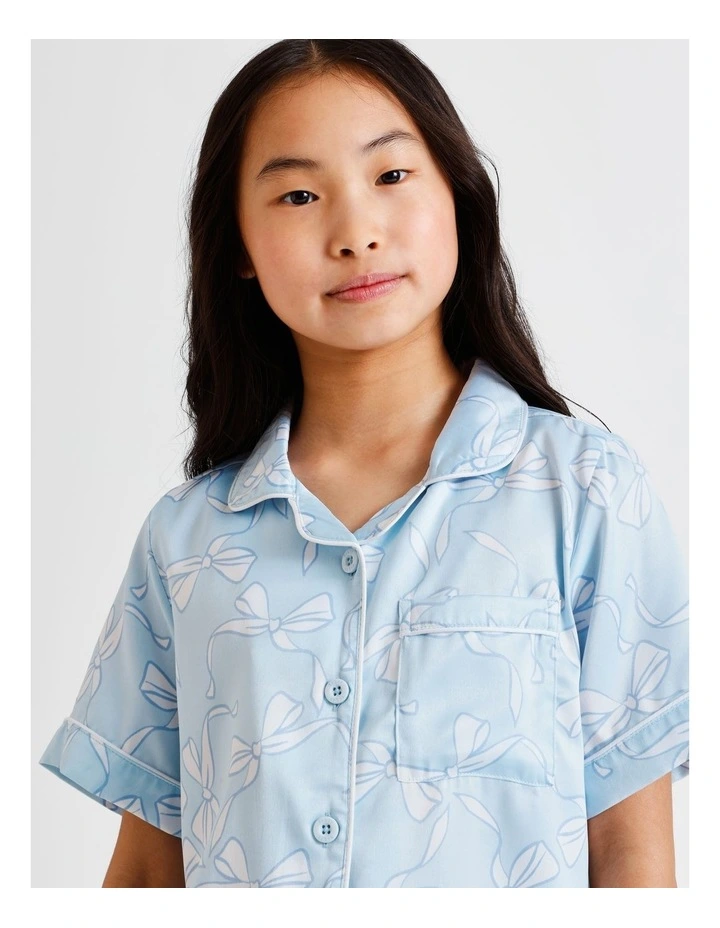 Bow Print Satin Pyjamas in Light Blue image 3