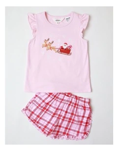 Santa Sleigh Xmas Flutter Sleeve Knit Pyjamas in Baby Pink