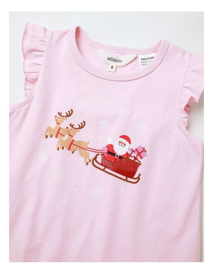Santa Sleigh Xmas Flutter Sleeve Knit Pyjamas in Baby Pink image 2
