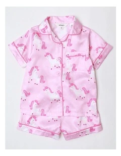 Unicorn Printed Satin Pyjamas in Light Pink