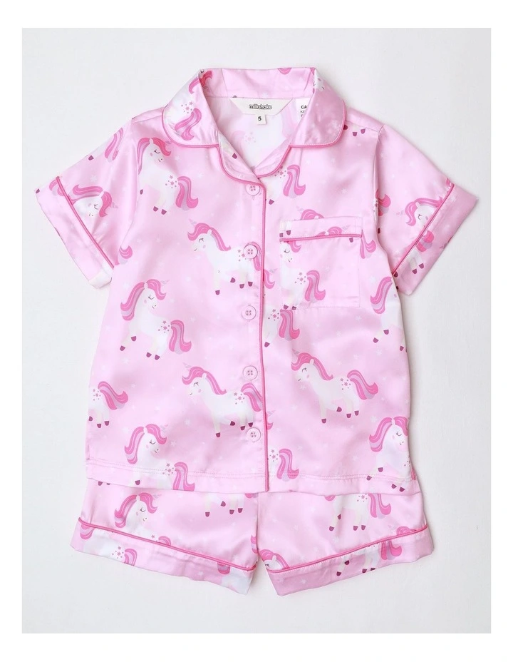 Unicorn Printed Satin Pyjamas in Light Pink image 1