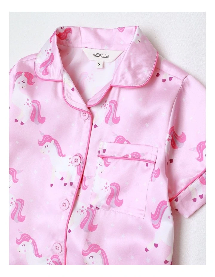 Unicorn Printed Satin Pyjamas in Light Pink image 2