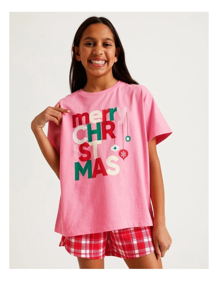 Xmas Placement Print Knit Pyjamas in Hot Pink image 2