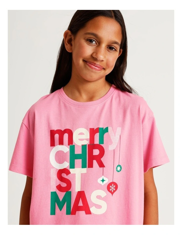 Xmas Placement Print Knit Pyjamas in Hot Pink image 4