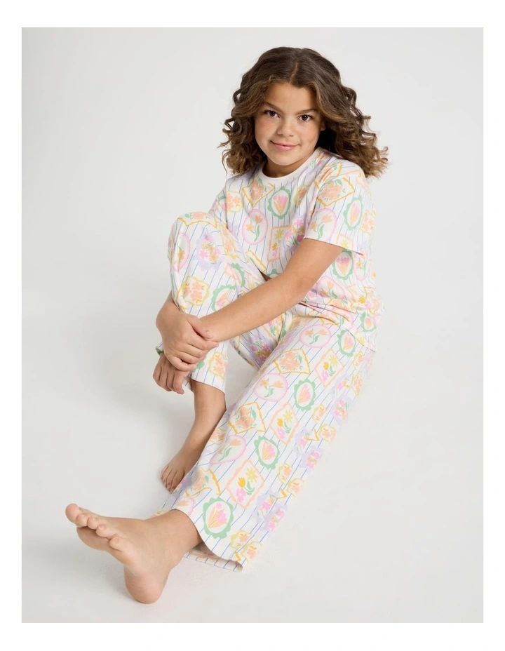 Floral Short Sleeve T-Shirt & Pants Pyjamas in Cream image 1