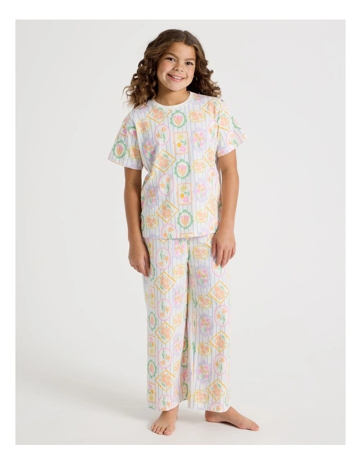 Floral Short Sleeve T-Shirt & Pants Pyjamas in Cream image 2