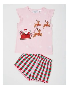 Santa Sleigh Flutter Sleeve Pyjamas in Pale Pink