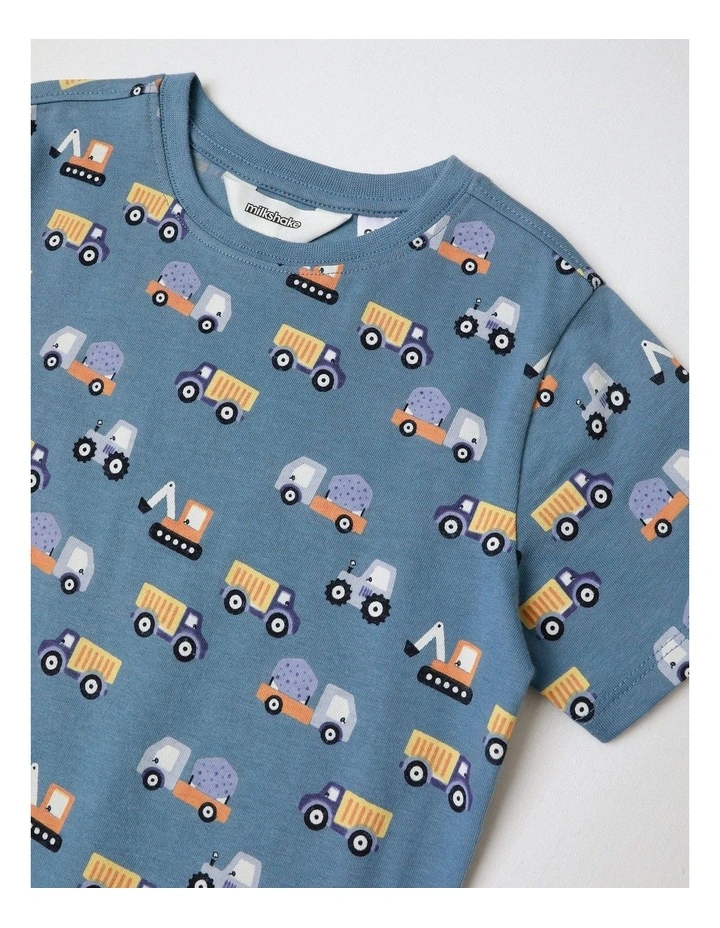 Transport Family Print Knit Pyjamas in Mid Blues image 2