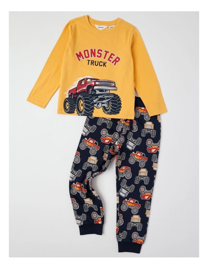 Knit Fleece Monster Truck Pyjamas in Mustard image 1