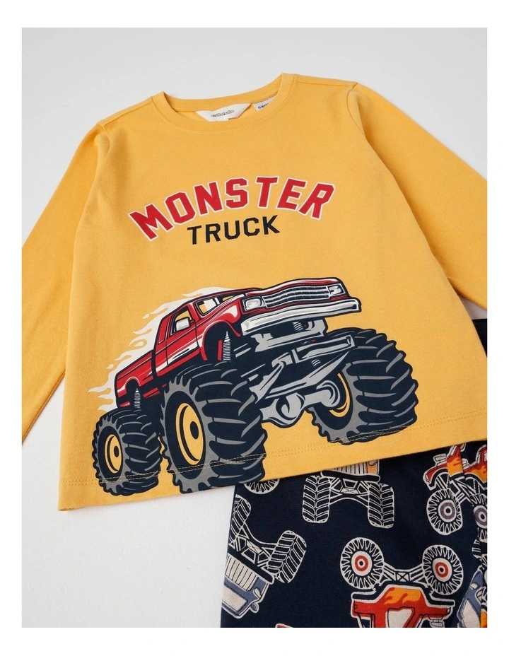 Knit Fleece Monster Truck Pyjamas in Mustard image 2