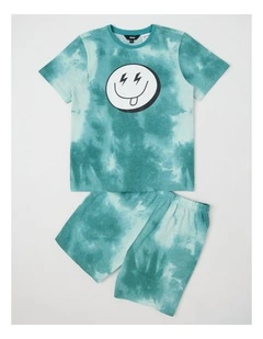 Smiley Tie Dye Jersey Pyjamas in Teal